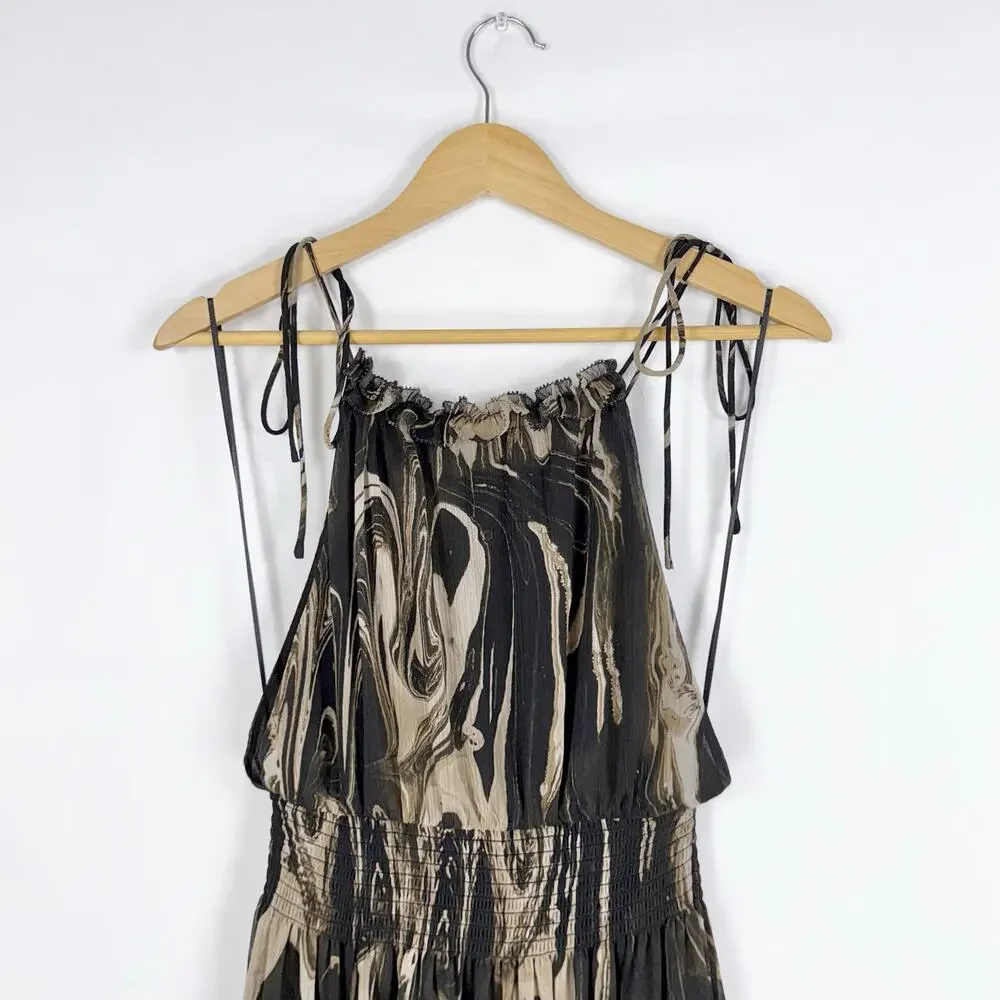 Banana Republic Marbled Halter Smocked Waist Maxi Dress Women's Small Black Tan